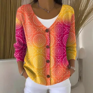Women V-Neck Button Long Sleeve Cardigan Sweater 3D Print Casual Loose Outerwear Top