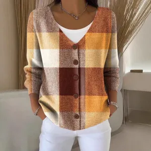 Women's V-neck button plaid long sleeve cardigan sweater autumn casual stylish outerwear