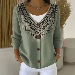 Vrouwen V-Hals Lange Mouw Cardigan Casual Geo Print Knoop Gebreide Trui Jas Herfst Winter
