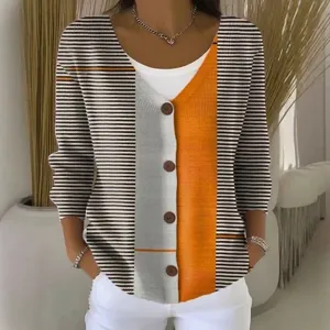 Vrouwen kleurenblok V-hals cardigan lange mouw knoop trui kleding casual fashion top
