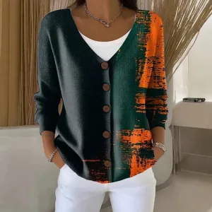 Dames V-Hals Knoop Lange Mouw Kleurblok Vest Casual Herfst Print Trui Jas Moderne