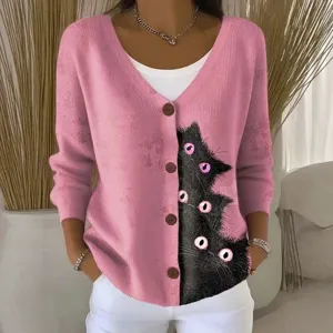 Dames v-hals knoop lange mouw gebreid vest trui met schattige zwarte katten 3d print