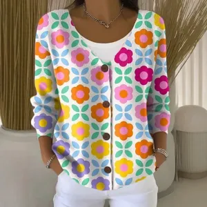 Dames Vintage Bloemenprint V-hals Lange Mouw Knoop Cardigan Casual Losse Trui Jas