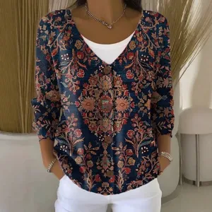 Dames V-hals knopen lange mouw vest vintage bloemenprint casual losse herfst top