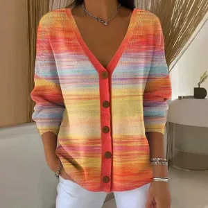 Damen V-Ausschnitt Langarm Bunter Farbverlauf Strickjacke Casual Knopf Pullover Mantel