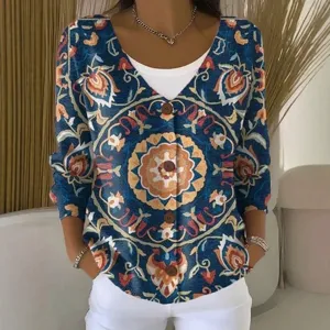 Damen V-Ausschnitt Langarm Strickjacke Vintage Blumenmuster Knopfleiste Pullover Top