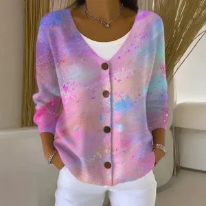 Damen V-Ausschnitt langarm Knopfloch Strickjacke bunte Druck Freizeit Pullover Mantel Outwear