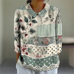 Women Retro 3D Digital Print Lapel Long Sleeve Shirt Casual Polyester Blouse Top Colorful Creative Patchwork Fashion Clothes