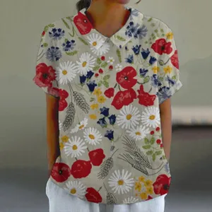Vintage Blumenmuster Damen Kurzarm Polokragen Hemd sommerliche Freizeitmode Oberteil