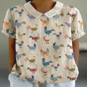 Retro Cartoon Hahn Druck Leinen Kurzarm Hemd Damen Freizeit Sommer Top mit Reverskragen