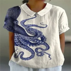 Vintage blaue Oktopus Print Damen Kurzarm Revers Hemd sommerliche Freizeitkleidung.