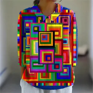 Colorful abstract geometric print lapel long sleeve blouse for women casual stylish top