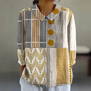 Women long sleeve lapel geometric print blouse spring autumn casual fashion shirt tops