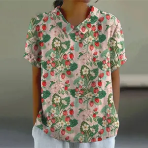Damen lässige rosa Kurzarmhemd mit Vintage Erdbeerdruck Reverskragen Sommer Oberteil.