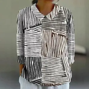 Women long sleeve lapel blouse casual chic abstract geometric print button-down shirt top