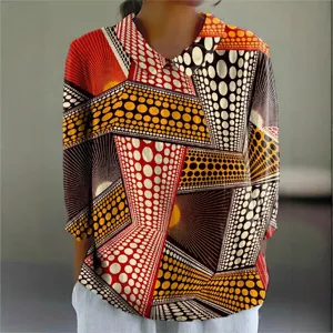 Women 3D geometric printed long sleeve lapel blouse casual spring autumn fashion shirt top