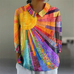 Damen Mode Seersucker Bluse Retro 3D Digitaldruck Revers Langarm Lässig Künstlerisches Hemd Trendy Frühling Herbst Top