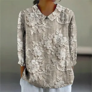 Women casual lapel long sleeve shirt with 3D floral print, elegant spring fashion top.