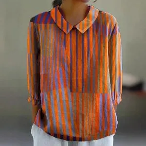 Damen Casual Langarm Revers Bluse Bunte Gestreifte Print Shirt Frühling Herbst