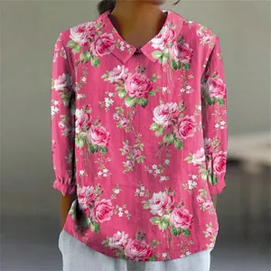 Women floral print long sleeve lapel blouse casual elegant spring autumn top apparel