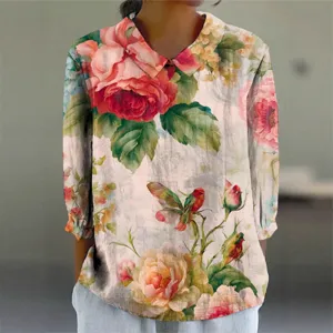 Lässige Langarm-Bluse mit Reverskragen und Vintage-Blumen- und Vogel-Druck für Damen.