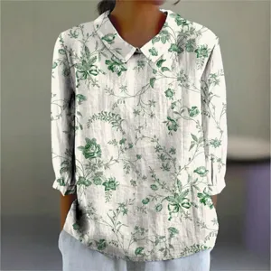 Damen lässige Langarm Revershemd mit elegantem grünen botanischen Blumenmuster Herbst.
