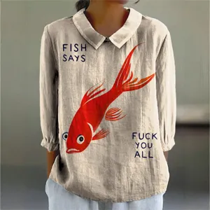 Casual long sleeve lapel shirt featuring unique red fish print and funny graphic text for women.
