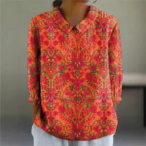 Damen Stilvoll 3D Print Vintage Muster Revers Langarm Casual Bluse Für Frühling Herbst