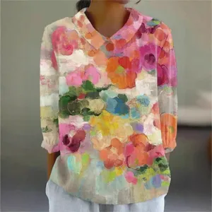 Damen Langarm Bluse mit buntem Blumen Print, elegante Freizeit Hemd mit Revers Kragen.