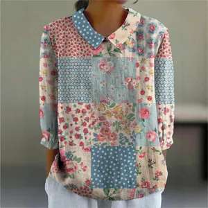 Damen 3D Digitaldruck Langarm Revers Top Vintage Blumen Patchwork Karo Bubble Crepe Casual Bluse Retro Stil Hemd