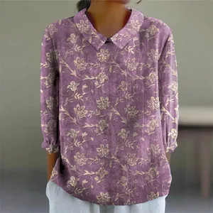 Damen Freizeit Blumenmuster Revers Langarm Bluse Frühling Herbst elegante Mode Hemd Top