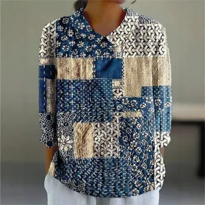 Damen Vintage Patchwork Langarm Bluse Revers V-Ausschnitt Freizeit Digitaldruck Oberteil
