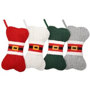 Chaussette De Noël Tricotée En Forme D'os Sac Cadeau Pendentif De Décoration Arbre