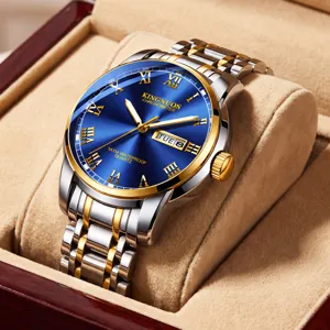 Luxury men quartz watch with blue dial two tone steel strap waterproof calendar detail view