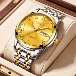 Men Quartz Watch Waterproof Luminous Dual Calendar Business Casual Stainless Steel Leather Strap Roman Numerals 3ATM