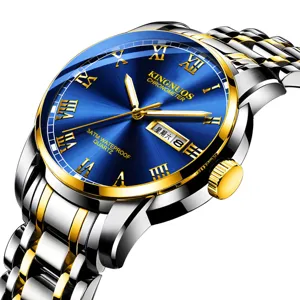 Men's fashion quartz watch with steel strap, blue dial, Roman numerals, waterproof and dual calendar.