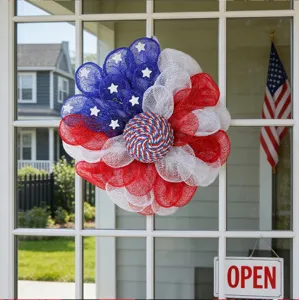 Red white and blue mesh wreath for American Independence Day front door hanging decor