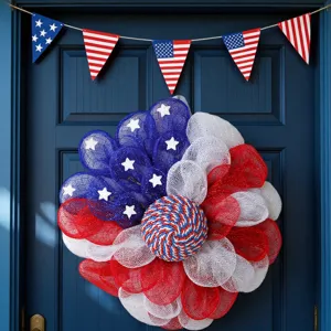 Patriotic Independence Day Wreath Red White Blue Mesh American Flag Stars Stripes Front Door Hanging Decor Party Ornaments