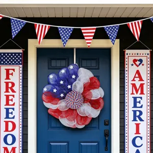 USA 4th of July Independence Day wreath with American flag mesh wreath and door hanging banners.