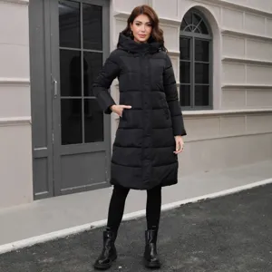 Women Winter Long Hooded Puffer Coat Slim Fit Quilted Padded Jacket Thick Warm Polyester Outwear Top