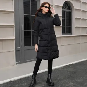 Women Winter Hooded Long Puffer Jacket Thickened Slim Fit Warm Black Winter Coat