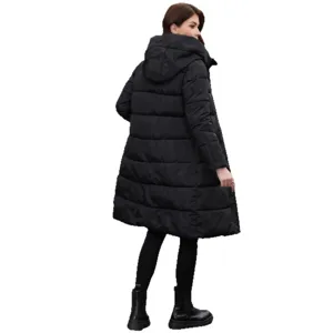 Women winter long hooded padded puffer coat warm thick slim fit casual black outerwear jacket.