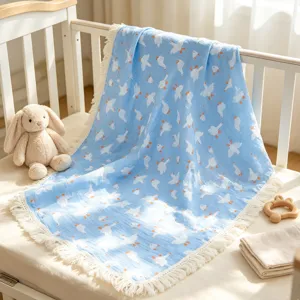 Zweilagige Baumwoll-Mulltuch Babydecke mit Fransen, weiche und atmungsaktive Decke für Sommer.