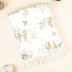 Baumwolle Musselin Baby Fransen Decke Waldtiere Druck Kinderwagen Decke Sommer Tuch
