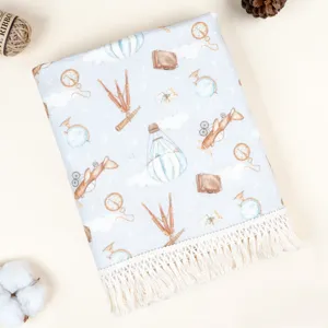 Baumwoll Gaze Babydecke Kinderwagen Reise Print Fransen hellblau weich für Kleinkind