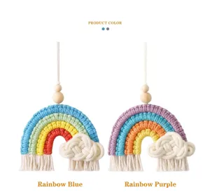 Handmade woven rainbow car hanging ornament with wooden beads, colorful room decor.