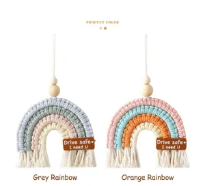 Handmade woven rainbow car hanging ornament with wooden beads and cute leather tassel tag.