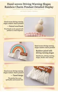 Detailed view of handmade woven rainbow car hanging ornament with natural wooden beads.
