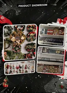 Christmas decoration showroom detail image showing various styles of wreaths and colorful baubles.