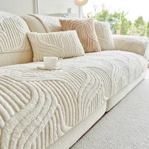 Thickened Sherpa Fleece Sofa Mat Anti Slip Couch Cover Warm Plush Wave Texture Cream Style Furniture Protective Cover